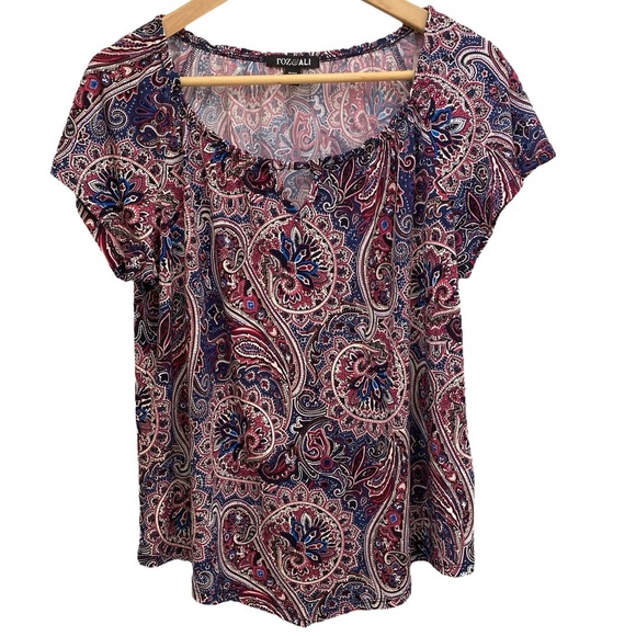 Roz & Ali Blue and Pink Boho Blouse Chic Peephole Neckline Size LP - Picture 1 of 11